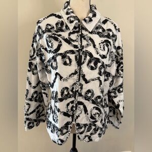 Bechamel boho jacket monochrome black white textured floral ribbon design SZ LG